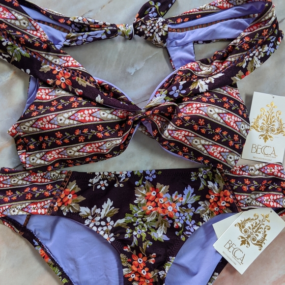 BECCA Boho Plum Floral Cottage Two Piece Bikini M - Picture 4 of 5